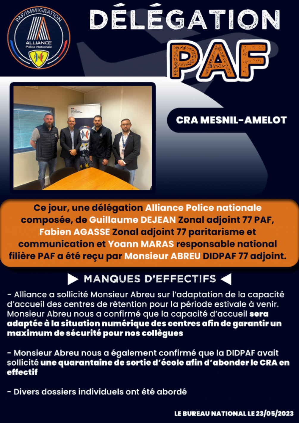 Audience #PAF Mesnil-Amelot !  - Effectifs - Sortie d'école  - Dossiers individuels