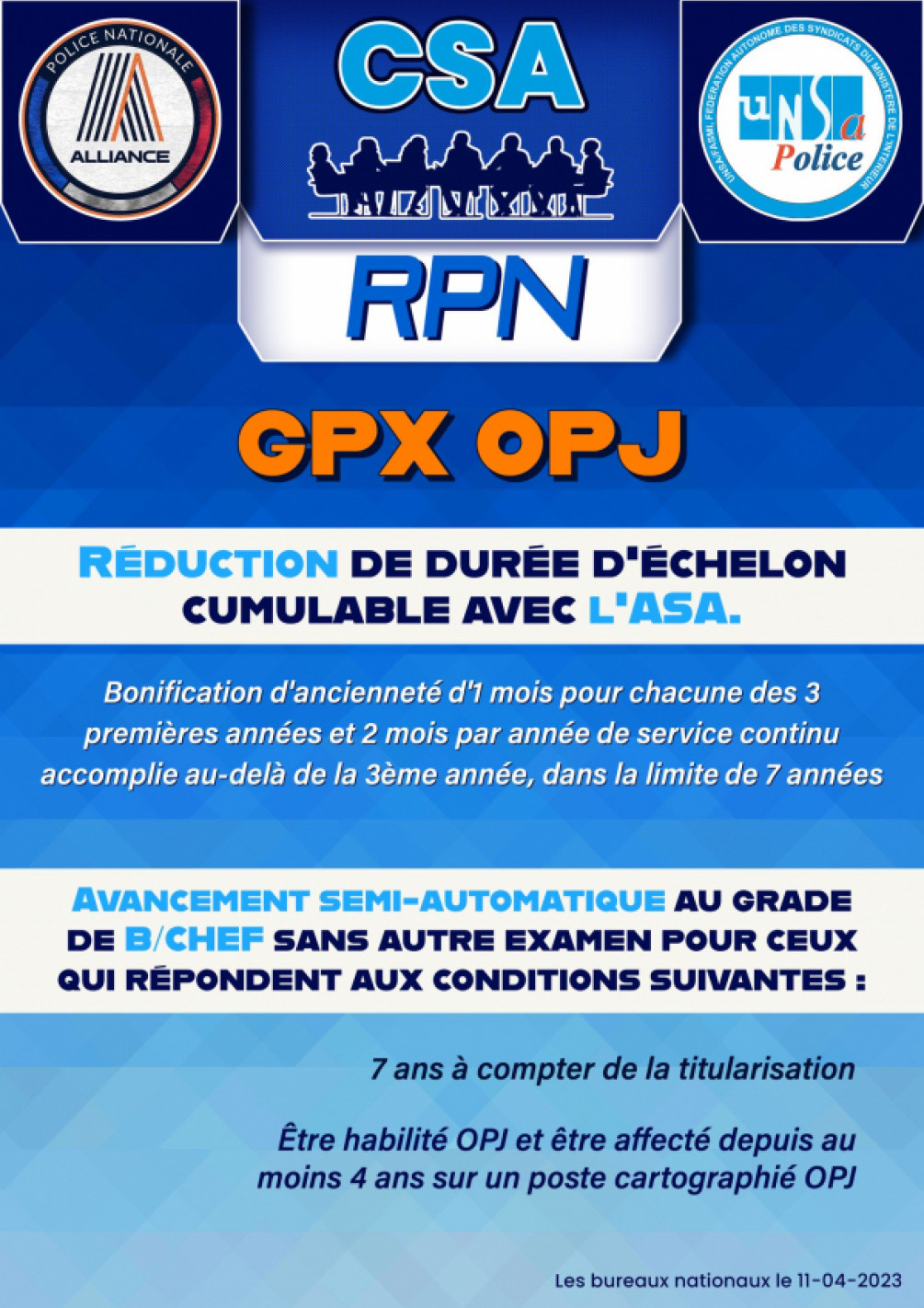 CSARPN - REDUCTION DE DUREE D'ECHELON POUR LES GPX OPJ